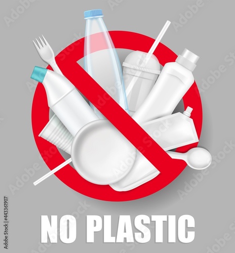 Red stop sign, plastic bottles, plates, cups, spoon, fork, vector illustration. No plastic pollution. Save environment.