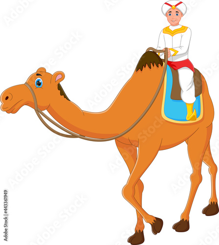 little boy riding camel on white background