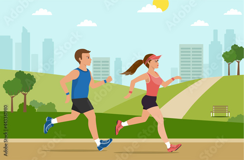 Man and women in park green landscape,jogging outdoor sport workout , Healthy, lifestyle,vector illustration