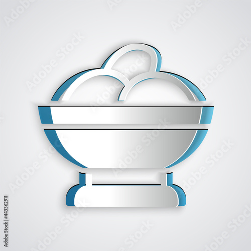 Paper cut Varenyky in a bowl icon isolated on grey background. Pierogi, varenyky, dumpling, pelmeni, ravioli. Traditional Ukrainian food. Paper art style. Vector