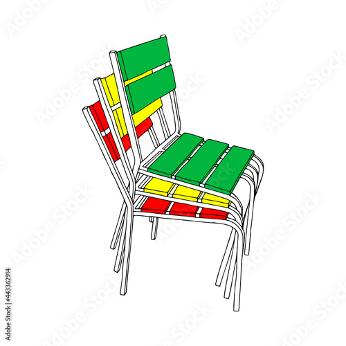 Green yellow red Vector outline illustration of stack of chairs isolated on a white background