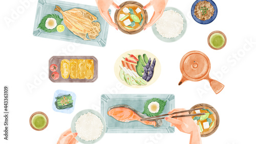 日本の朝食（和食）食卓風景手描き水彩風イラスト
 photo