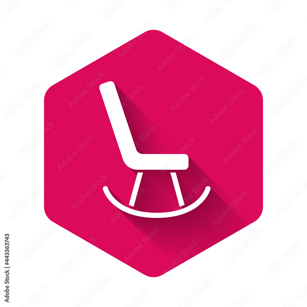 White Armchair icon isolated with long shadow. Pink hexagon button. Vector