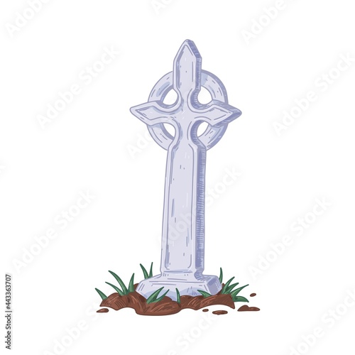 Ancient celtic gothic wheel cross with ring on graveyard. Vintage Irish funeral decoration with nimbus. Medieval religious burial art. Hand-drawn vector illustration isolated on white background