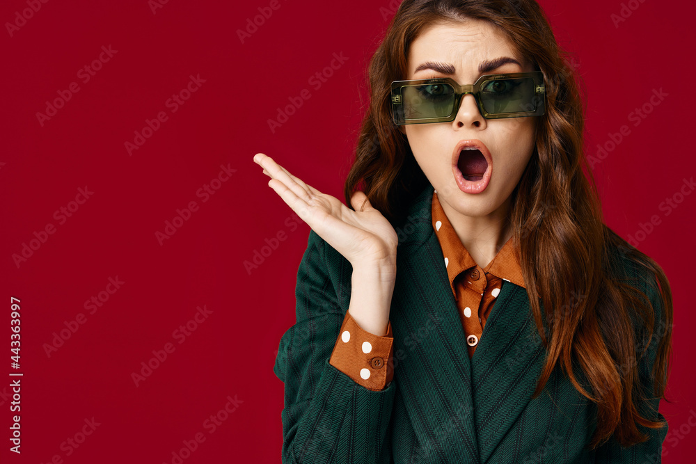 woman wearing sunglasses fashion cropped view red background woman wearing sunglasses fashion cropped view red background
