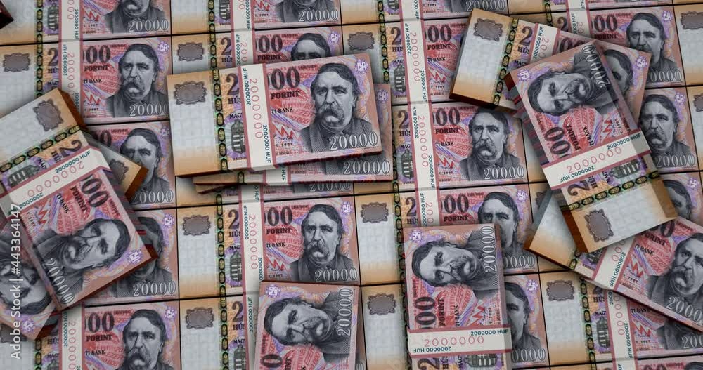 Hungarian Forint banknotes 3d animation. Camera view from close to long distance. HUF money packs. Concept of inflation, economy, crisis, business, banking, debt and finance in Hungary.