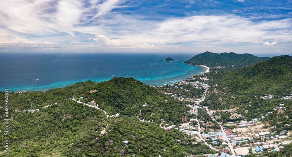 Mae Haad, Koh Tao Island Ko Tao Island Thailand Drone Aerial Shot with Copy Space blue green turquoise landscape panorama