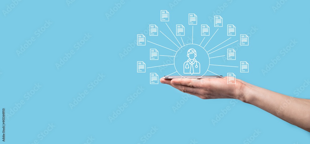 Document Management System DMS .Businessman hold doctor and document icon.Software for archiving, searching and managing corporate files and information.Internet Technology Concept.Digital security. Document Management System DMS .Businessman hold doctor and document icon.Software for archiving, searching and managing corporate files and information.Internet Technology Concept.Digital security.