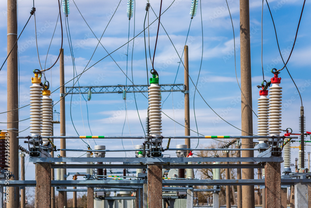 High voltage power transformer,generator electric in substation.Front ...