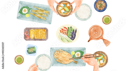 日本の朝食（和食）食卓風景手描き水彩風イラスト

