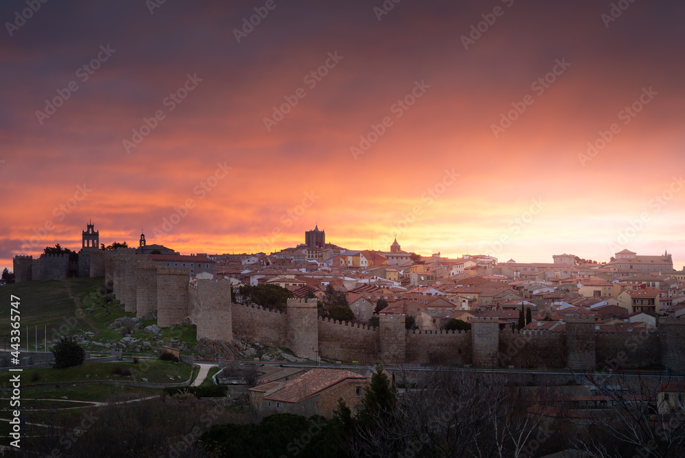 Panoramic view of the medieval town walls of Avila from Los Cuatro Postes Calvary, Spain