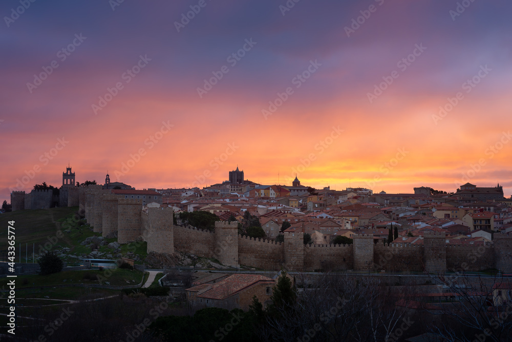 Panoramic view of the medieval town walls of Avila from Los Cuatro Postes Calvary, Spain