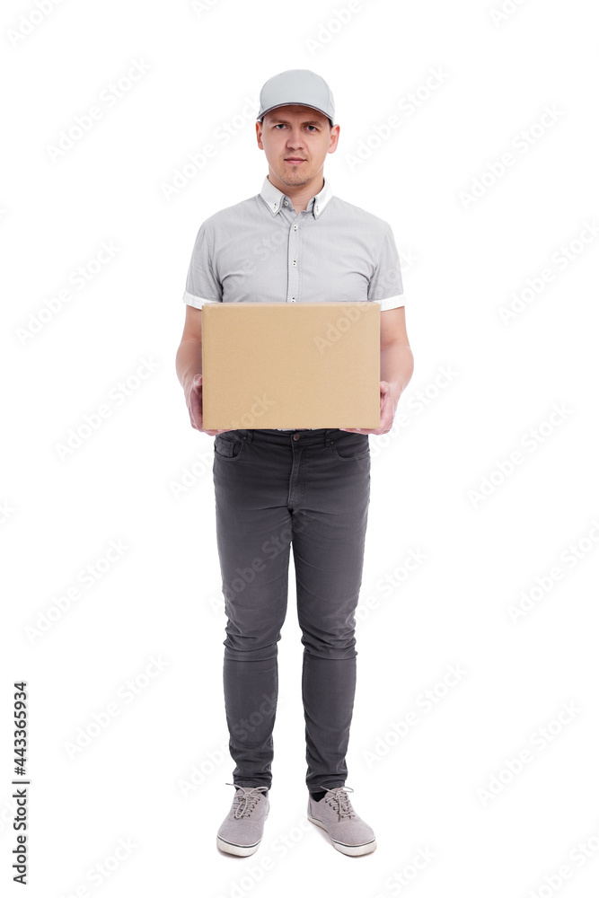 full length portrait of postman or delivery man in uniform with box isolated on white full length portrait of postman or delivery man in uniform with box isolated on white