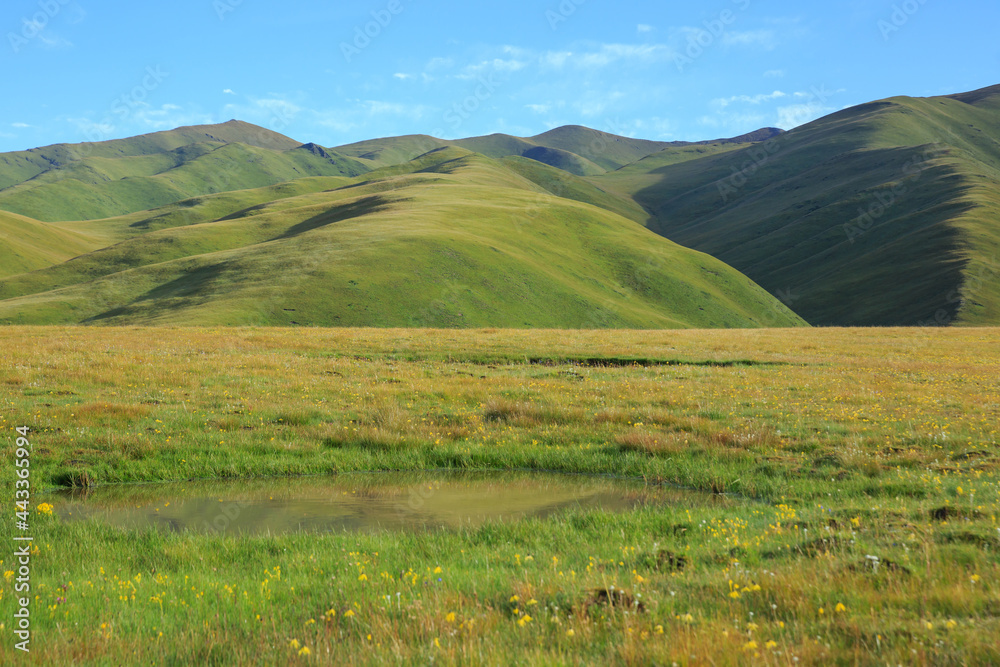 High altitude mountains with grassland landscape