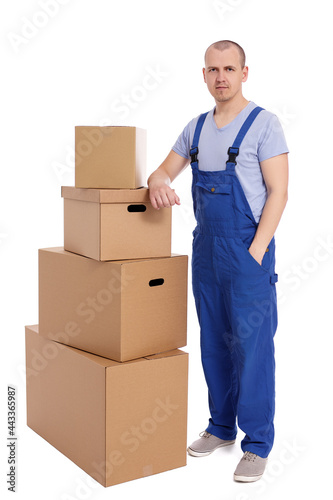 loader man with heap of boxes isolated on white background. © Di Studio