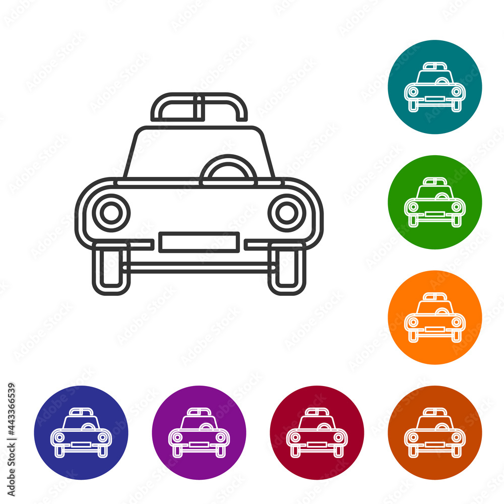 Black line Police car and police flasher icon isolated on white background. Emergency flashing siren. Set icons in color circle buttons. Vector Black line Police car and police flasher icon isolated on white background. Emergency flashing siren. Set icons in color circle buttons. Vector