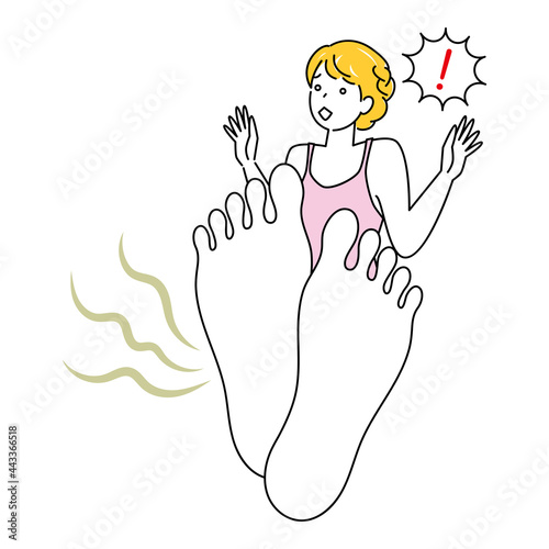 スキンケア 自分の足が臭くて驚き悲しんでいる可愛い女性 足裏のアップ イラスト ベクター
