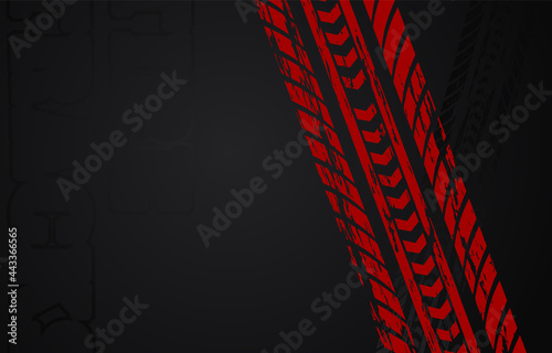Red grunge tire track print marks background