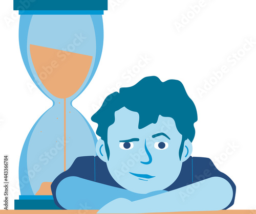 A man and an hourglass. Waiting for the time. Vector illustration for the web.