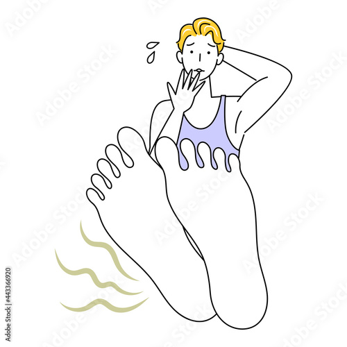 スキンケア 自分の足が臭くて驚き悲しんでいる可愛い男性 足裏のアップ イラスト ベクター