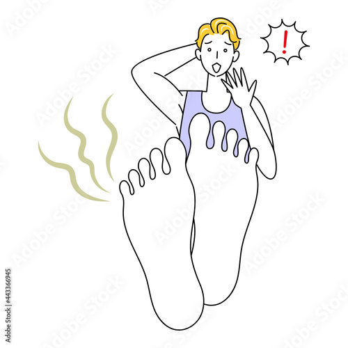スキンケア 自分の足が臭くて驚き悲しんでいる可愛い男性 足裏のアップ イラスト ベクター