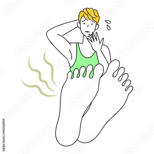 スキンケア 自分の足が臭くて驚き悲しんでいる可愛い男性 足裏のアップ イラスト ベクター