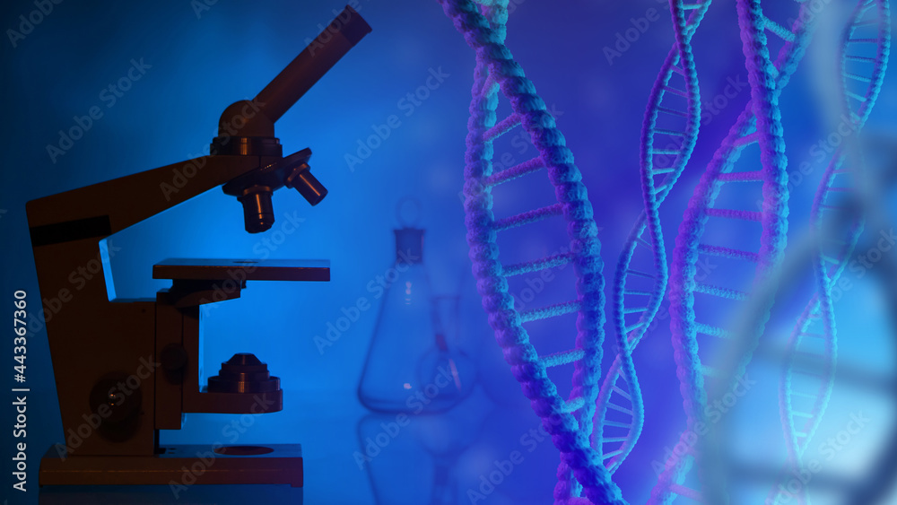 Microscope next to DNA illustration. Сoncept of studying genes or DNA. Comparison of RNA from different people. DNA testing in the laboratory. Deoxyribonucleic acid test. Study of human genetic data