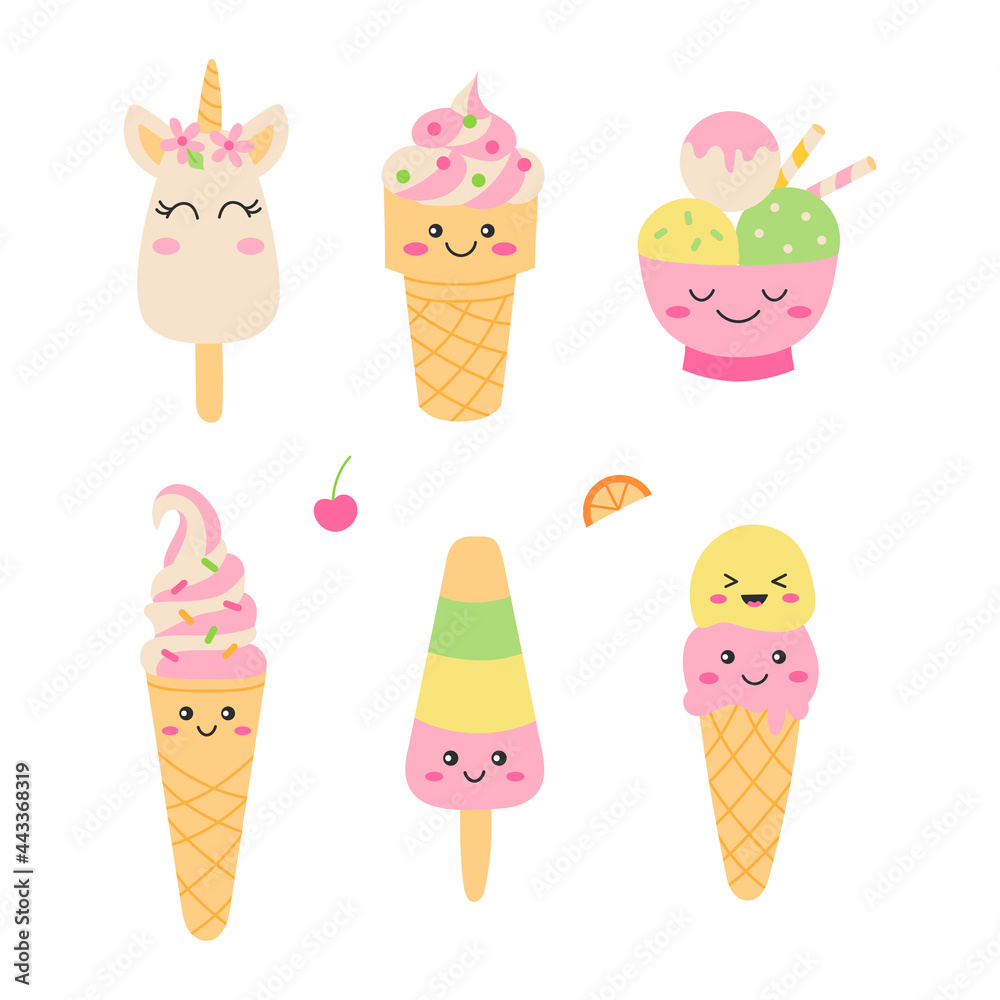 Cute ice cream set. Kawaii cartoon style. Funny smile faces. Perfect for  stickers or baby prints. Summer vector illustration. Stock Vector | Adobe  Stock