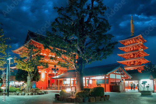 Japan culture. Night Tokyo. Asakusa temple in evening. Cultural landmarks of Tokyo. Sensoji Buddhist Temple. Sensoji shrine glows at night. Buddhist Church in Japan. Shinto Church in Tokyo.