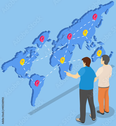 International postal mail delivery service concept. People studying destination map with marks. Men work together with world map for worldwide delivery. Male characters analyzing geolocation