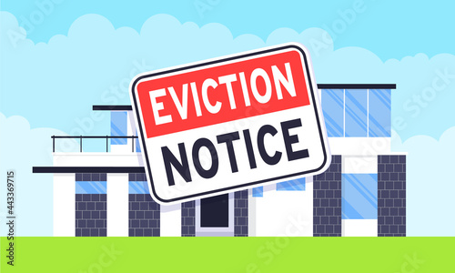 House eviction notice legal document icon sign sticker on the house building vector illustration flat style design. Notice to vacate form eviction credit debt real estate business concept.