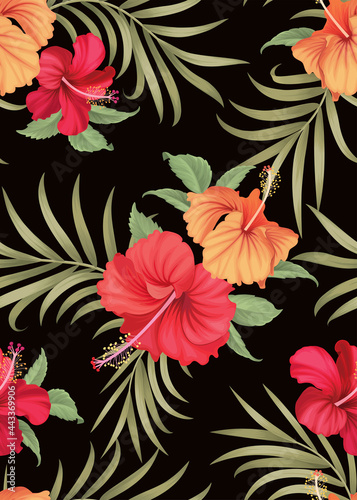 Seamless pattern of hibiscus flowers and palm leaf background template. Vector set of floral element for tropical print, wedding invitations, greeting card, brochure, banners and fashion design.