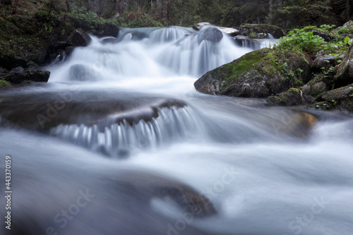 Mountain waterfall flows among green forest and runs down the beautiful gray stones. Amazing summertime wallpaper background.