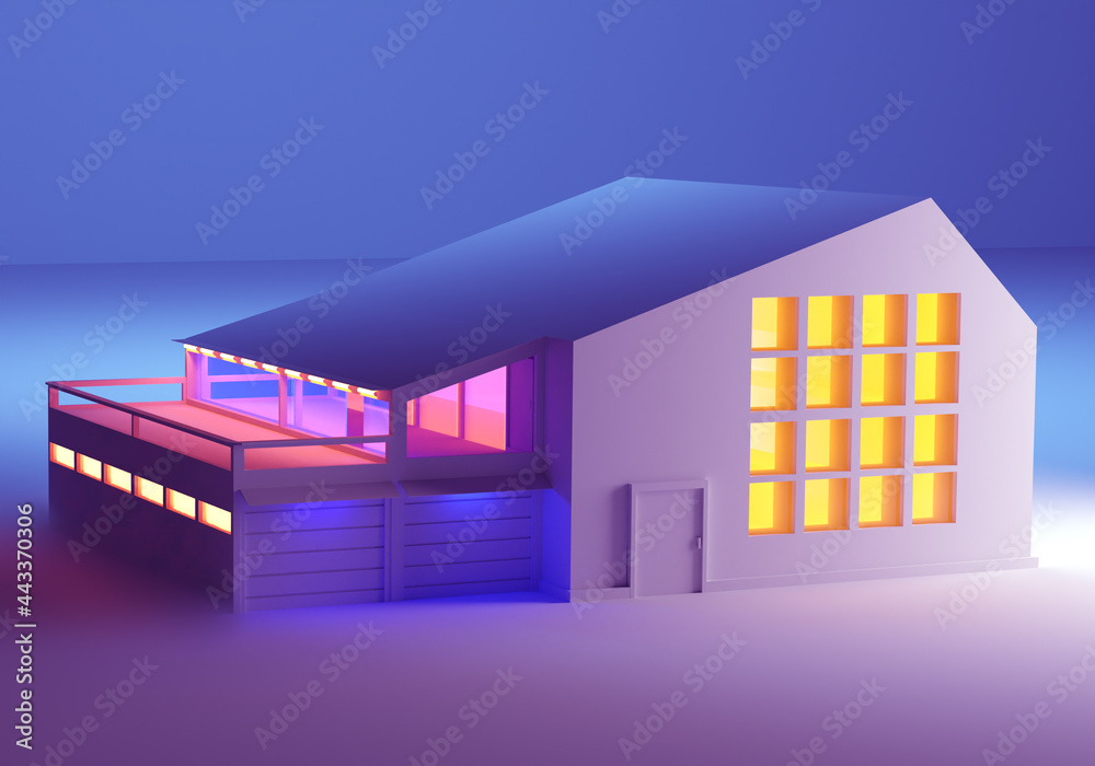 Layout of story building. Building with a pitched roof. White mock-up of house with glowing windows. Architectural design of cottage. Project office building. Layout modern business center. 3d image