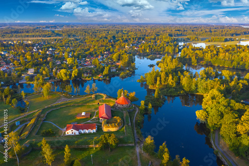 Priozersk in Karelia. Regions of Russia. Fortress Korela. Fortress in middle of northern nature. Landscape of Priozersk. Korela fortress from bird eye view. Russia city. Karelia nature with lakes photo