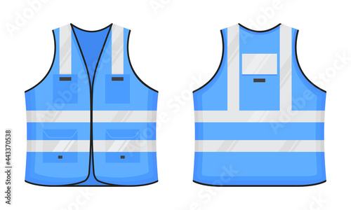 Safety reflective vest icon sign flat style design vector illustration set. Orange fluorescent security safety work jacket with reflective stripes. Front and back view road uniform vest.