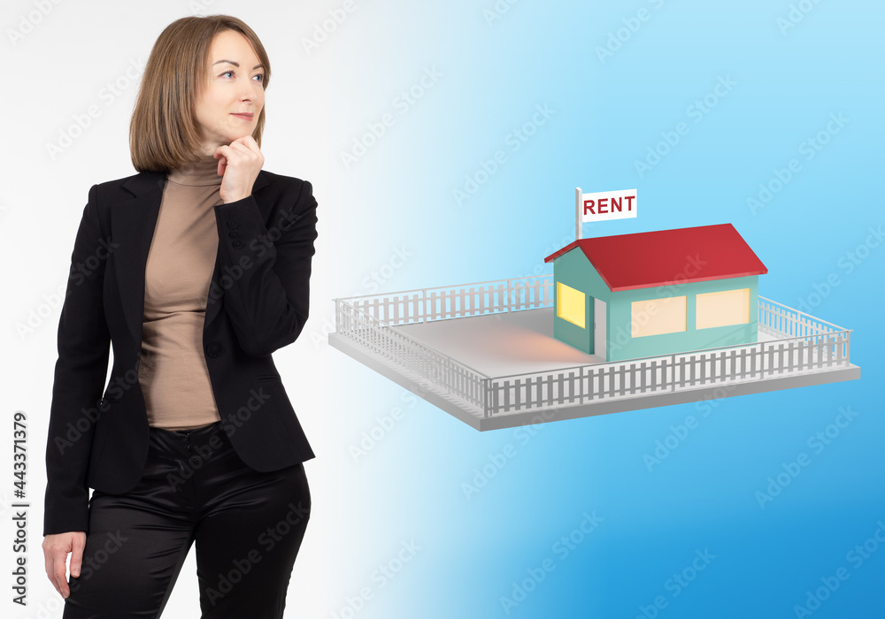 Woman thought about renting a house. She wants to rent a house. A woman dreams of renting her own house. Illustration with a cottage next to a businesswoman. She thinks about her own home Woman thought about renting a house. She wants to rent a house. A woman dreams of renting her own house. Illustration with a cottage next to a businesswoman. She thinks about her own home