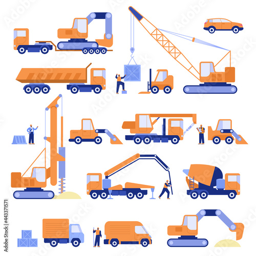 Construction equipment and machinery set isolated objects. Bundle of trawl trailer with low platform, dump truck, crane, bored piling machine, excavator, bulldozer, concrete pump. Vector illustration
