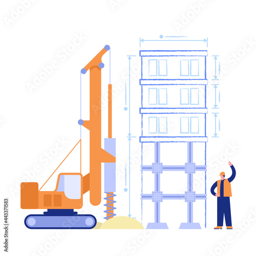 Construction site concept. Builder conducts drilling work on bored piling machine, assembled metal structures of future building. Real estate business. Vector illustration scene with character