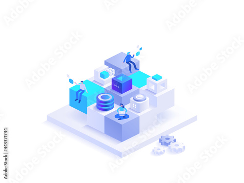 Effective business solution strategy and complex task cooperation as successful performance process. Solving problem and difficult work teamwork assemble tiny persons concept. Vector illustration