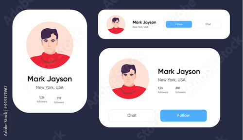 Collection of user interface elements. Profile page with avatar, buttons, number of followers. Flat design editable vector illustration