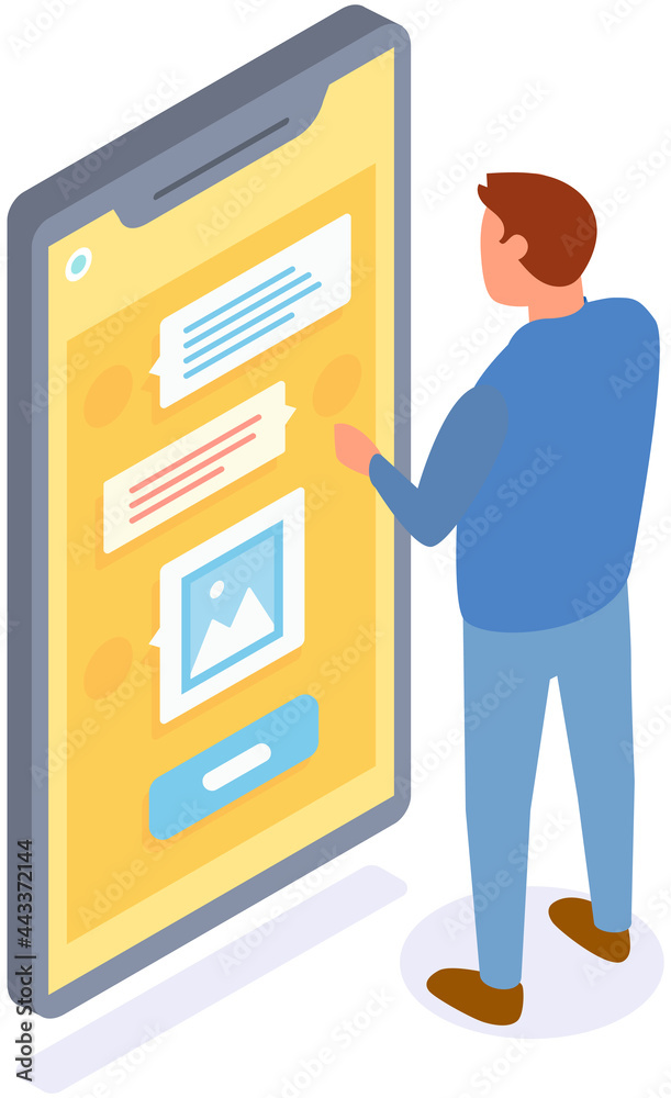 Male character uses smartphone to chat, easy message application. Man is chatting in messenger. Application for virtual communication on smartphone screen. Guy writes message and sends image Male character uses smartphone to chat, easy message application. Man is chatting in messenger. Application for virtual communication on smartphone screen. Guy writes message and sends image