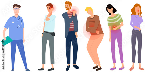 Sad people suffering from pain in joints. Painful sensations of sick people. Men and women grabs their hands to sore knee, elbow, back, shoulder. Patients with sore joints in consultation with doctor