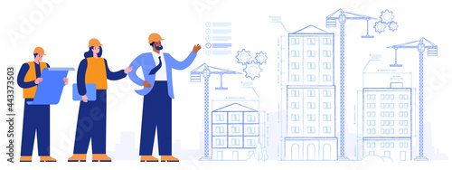 Construction site of project future house. Foreman and architects team with project plans looking at building of schematic facades with measurements. Vector illustration scene with people characters