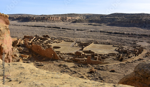 the ancient native american ruins of pueblo bonito in chaco canyon cuture national historic park near farmington, new mexico, as seen from the  overlook along the pueblo alto trail photo
