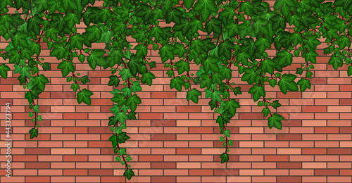 Ivy on brick wall. Climbing ivy foliage and hanging green liana on red brick house wall or garden fence. Seamless repeat pattern, cartoon background. Vector illustration.