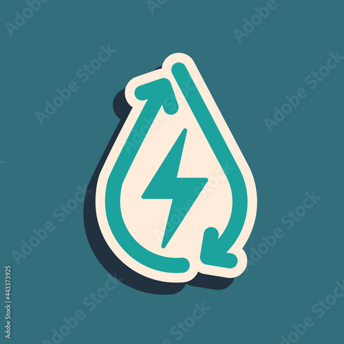 Green Water energy icon isolated on green background. Ecology concept with water droplet. Alternative energy concept. Long shadow style. Vector