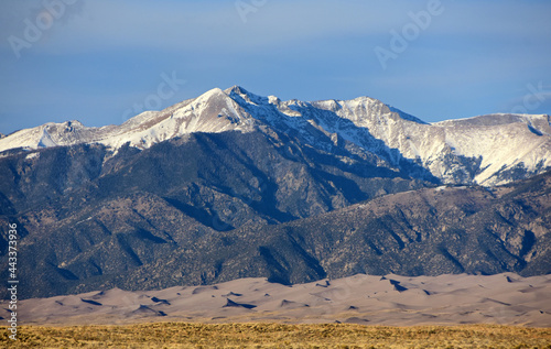  panoramic view of mount herard in the sangre de cristo mountain range, and great sand dunes national park, near alamosa, colorado