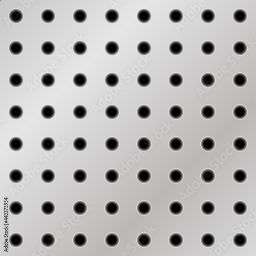 Peg board with round holes, gray metal texture. Vector illustration
