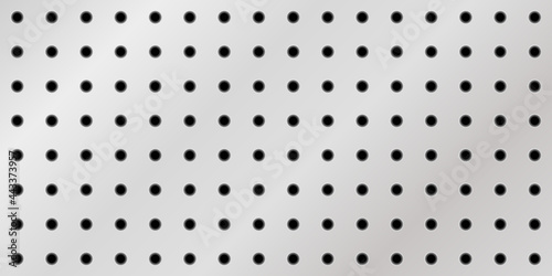 Peg board with round holes. Gray rectangular metal or steel board for work tools. Vector illustration